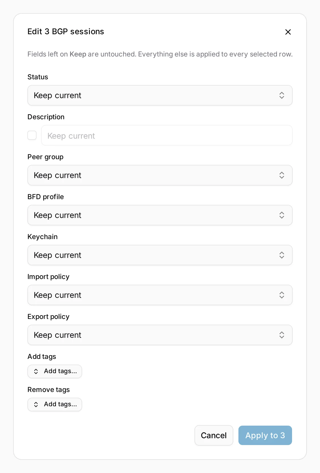 Editing three sessions at once: every field starts on Keep current.