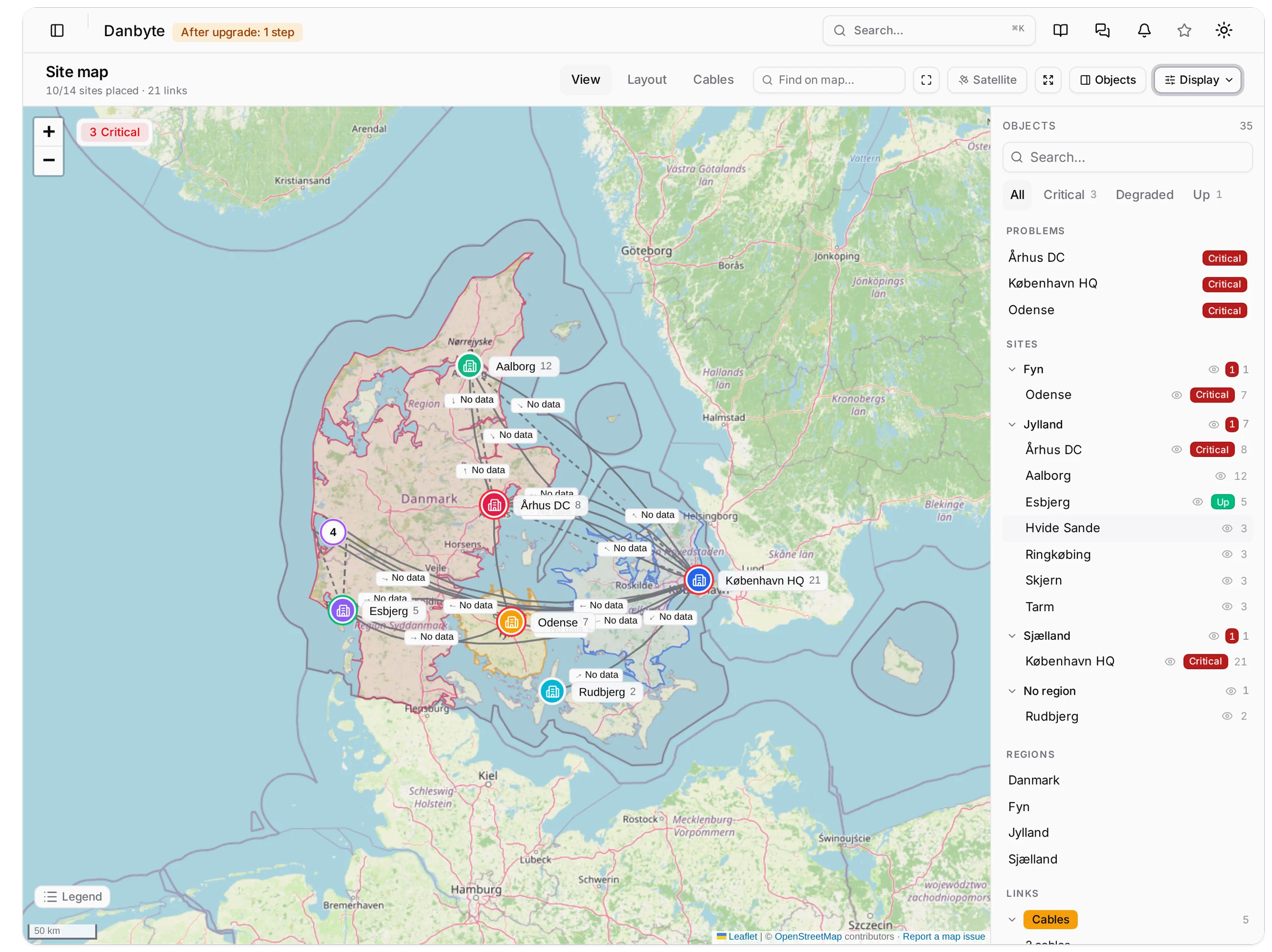 Utilization on the site map. Every link here reads No data, because nothing on these inter-site ports is polled yet.