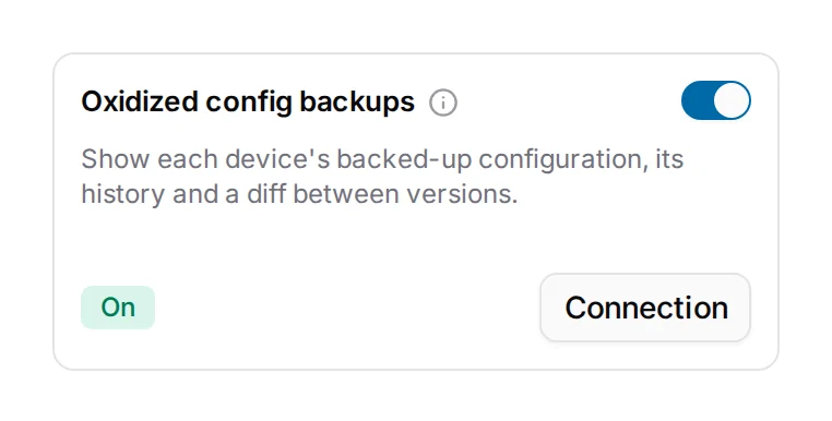 Oxidized config backups switched on under Settings, Integrations.