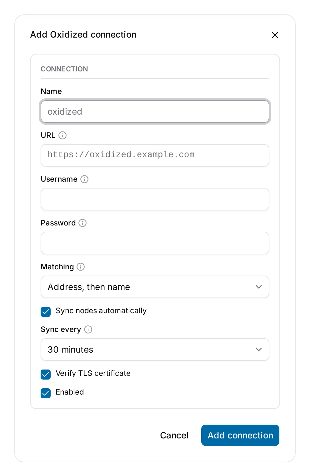 Adding a connection: the URL, credentials, matching rule and the automatic sync interval.