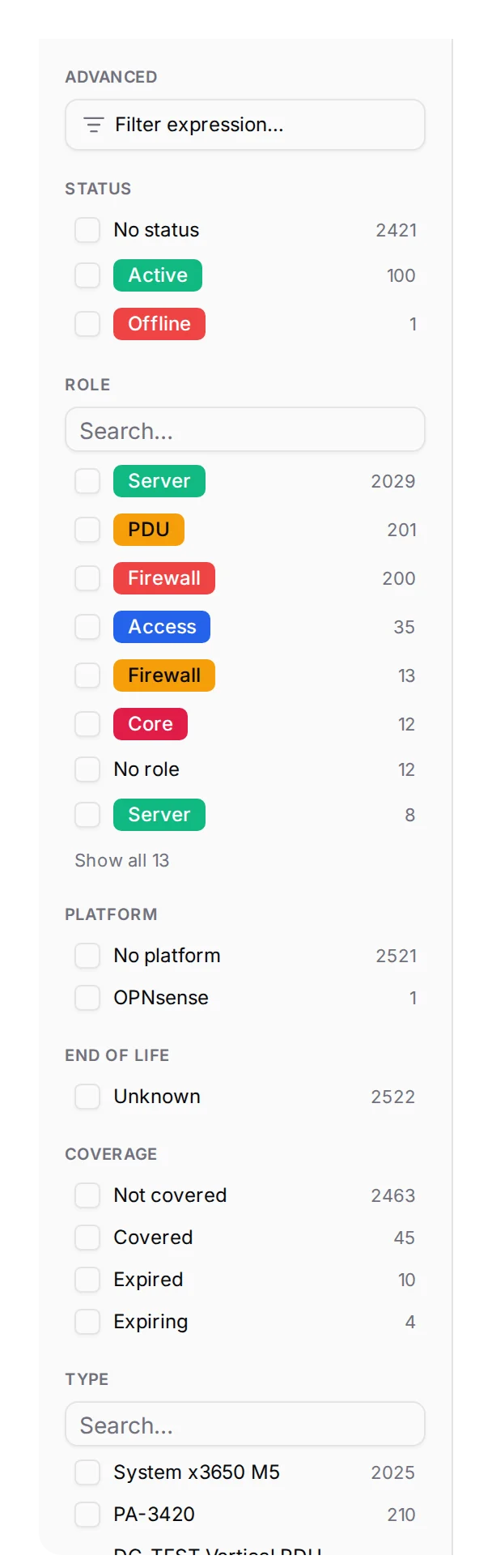 The Devices rail: status, role with its own search box and Show all, platform, end of life, coverage and type.