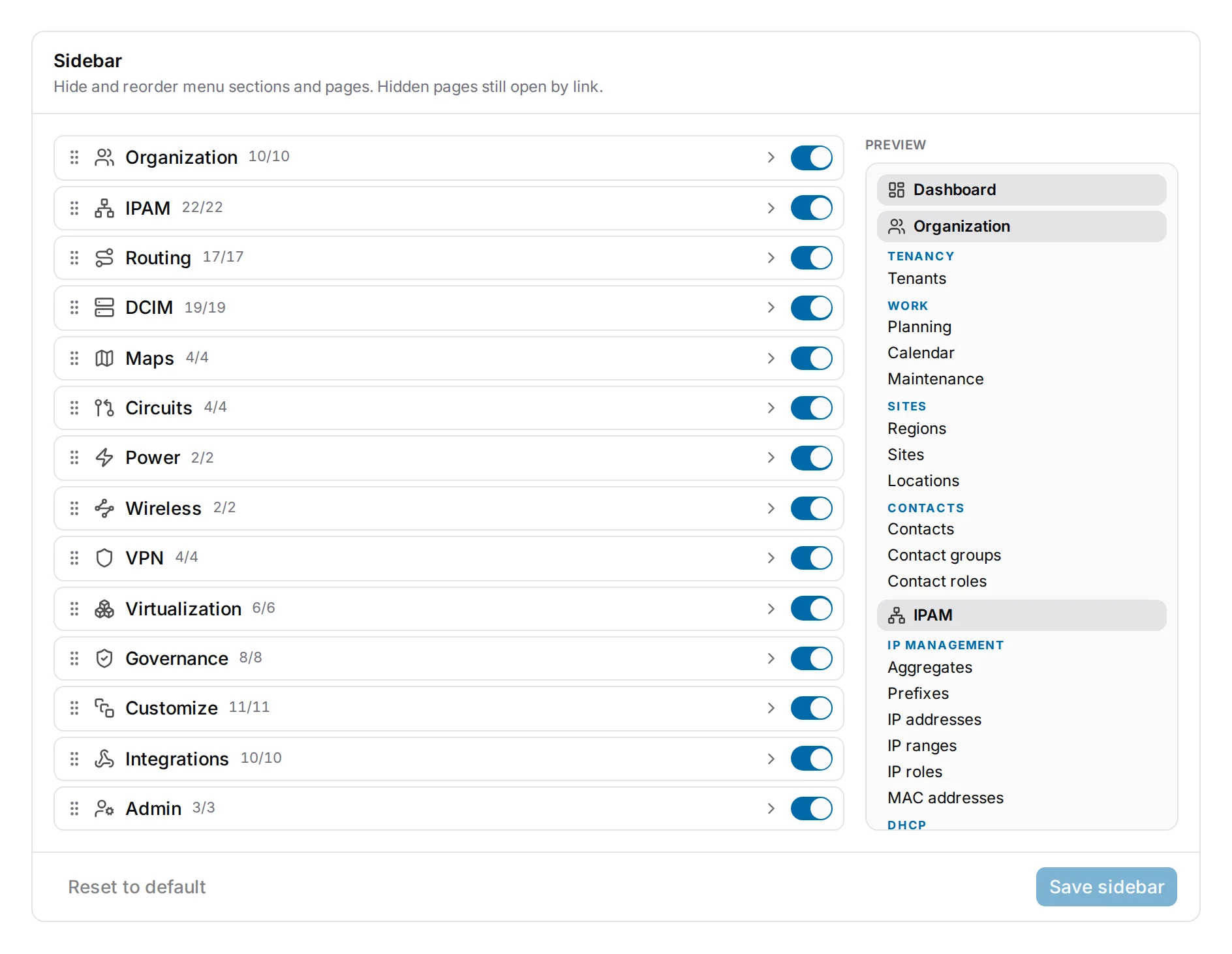The Sidebar card: every section with a count and a switch, and the live preview beside it.