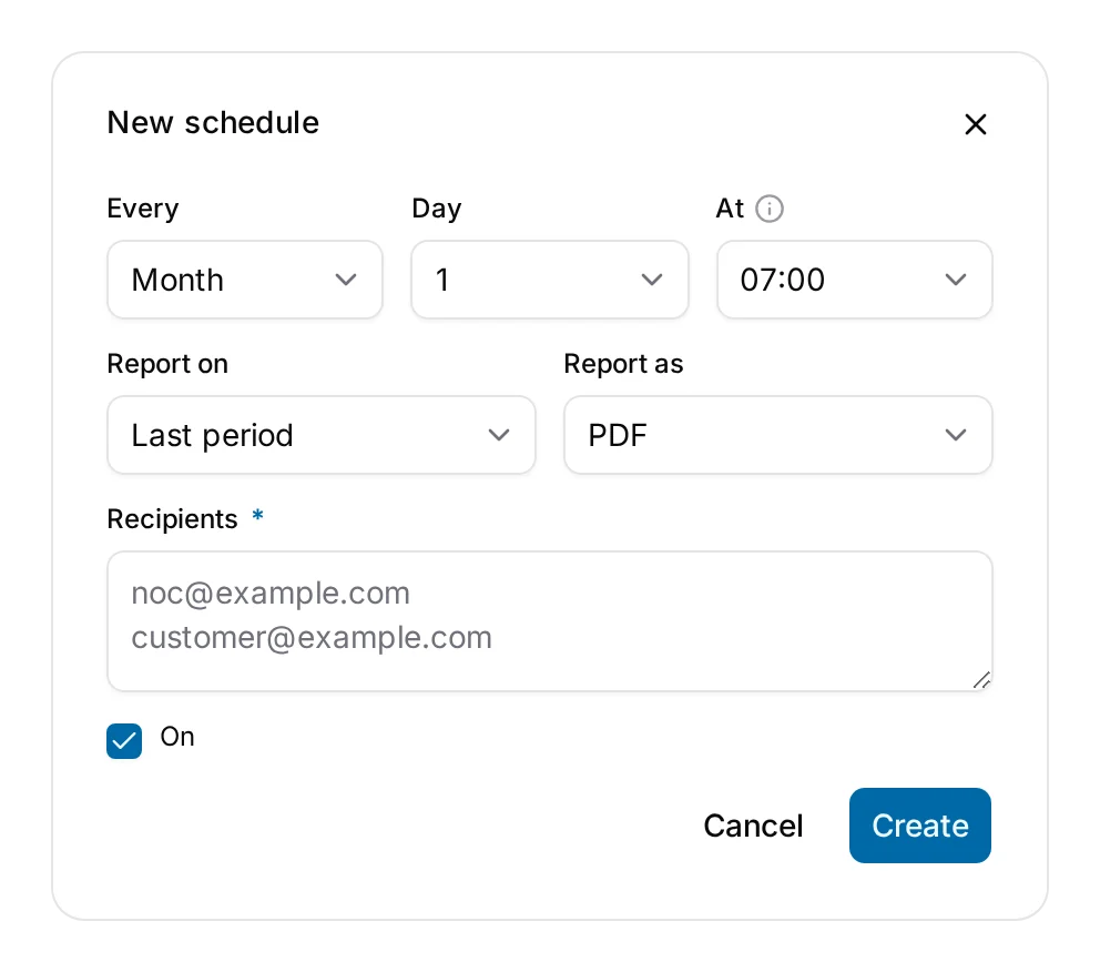 A monthly schedule: day one at 07:00, last period, as a PDF.