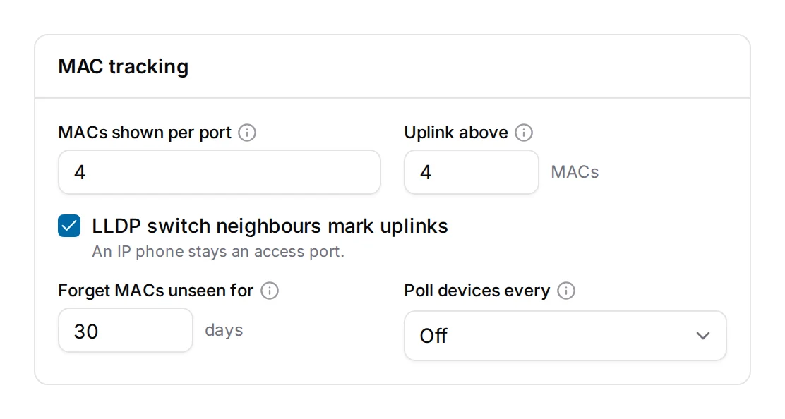 Scheduled polling on the MAC tracking card, off by default.