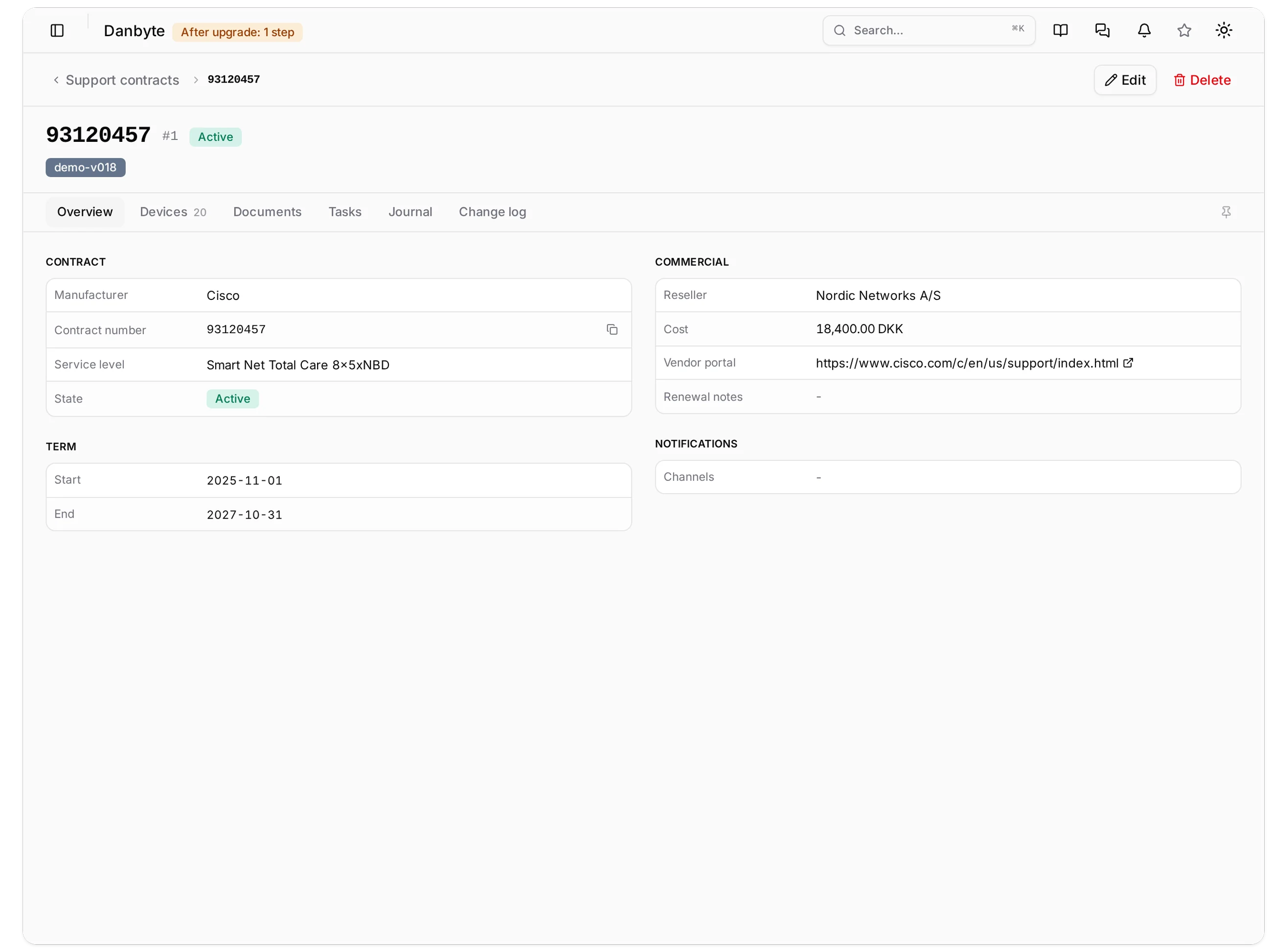 A Cisco Smart Net contract: its term, the reseller and cost, the notification channels, and the twenty devices it covers.